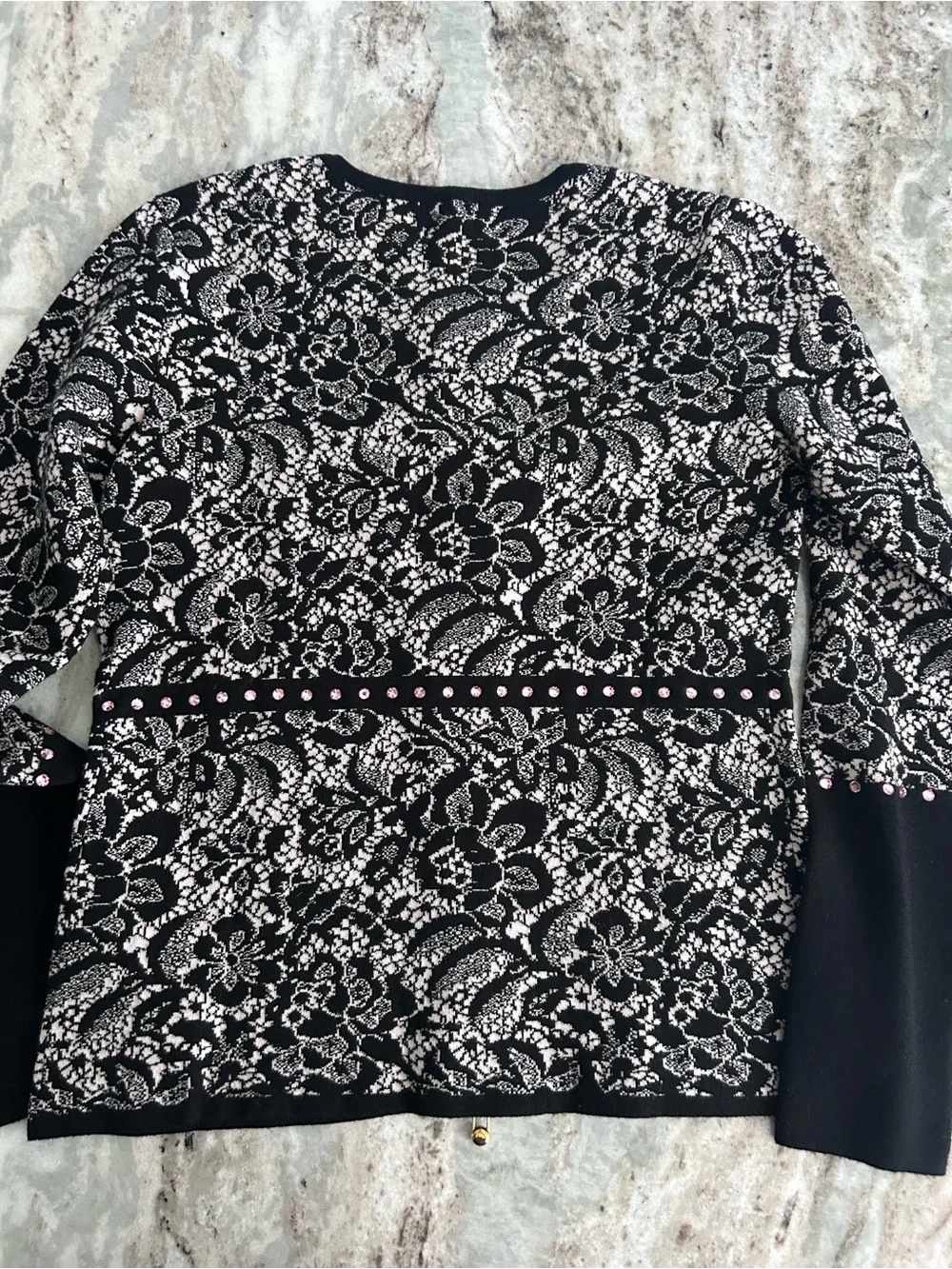 VDP Italian made Black Lace-Pattern Zip-FrontSwarovski crystals Sweater